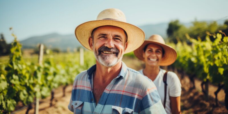 skin cancer awareness: man and woman in wide brim hats outside in a vineyard