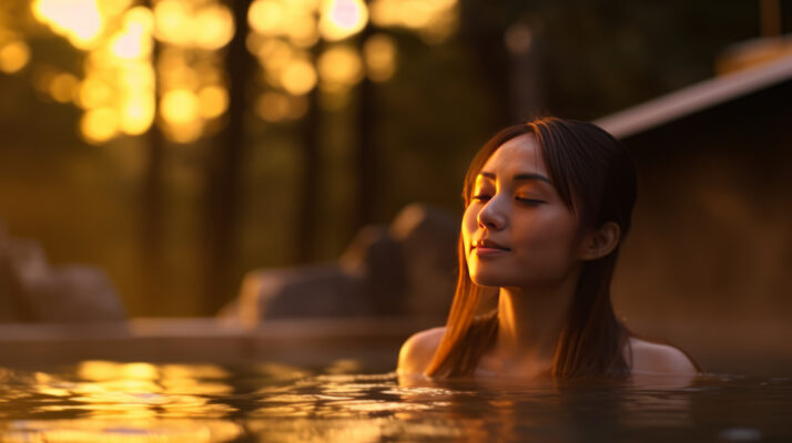 Portrait of a beautiful young woman relaxing in hot springs with evening light.